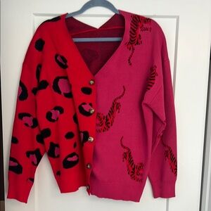 SHEIN Red and Pink Asymmetrical Cardigan Sweater